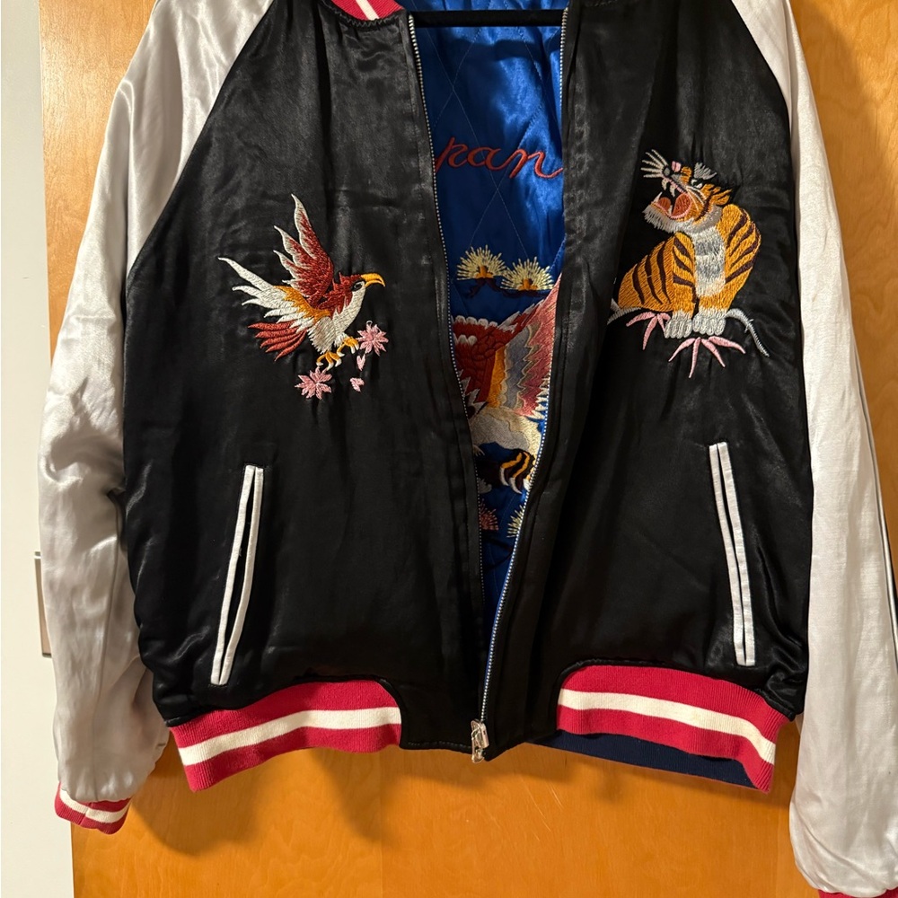 Embroidered Black Bomber Jacket with Animal Design - Picture 1 of 5